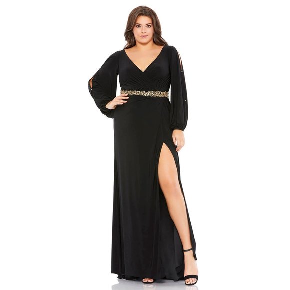 Mac Duggal Split Sleeve Surplice Gown (Plus) in Black Size 14W - Picture 1 of 11
